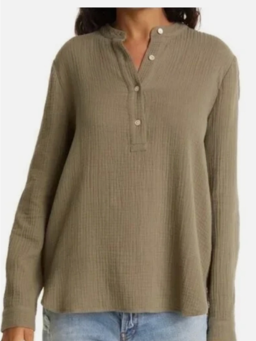 Jenni Kayne sage Olive gauze Textured Henley Pullover XL